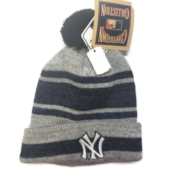 MLB New York Yankees Mens Beanie Pom Blue Grey One Size Winter Raised Cuff Hat - Picture 1 of 4